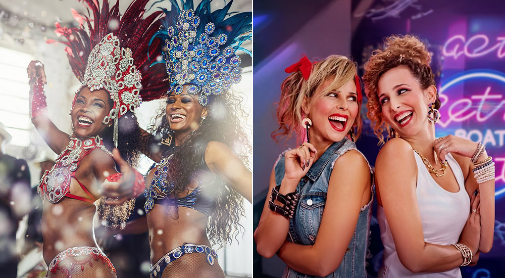 Dancers performing on the Latino dinner cruise and guests in retro costume on Retro boat party cruise