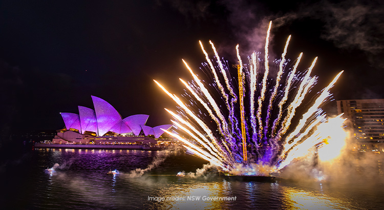Sydney Opera House illuminated with bright lights and fireworks going off for Australia Day.